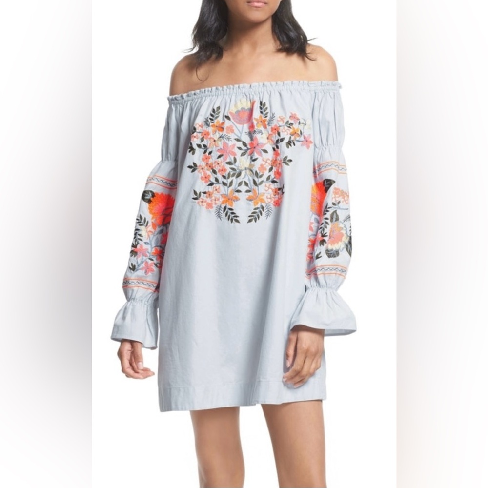Free People Light Blue Floral Off-Shoulder Dress